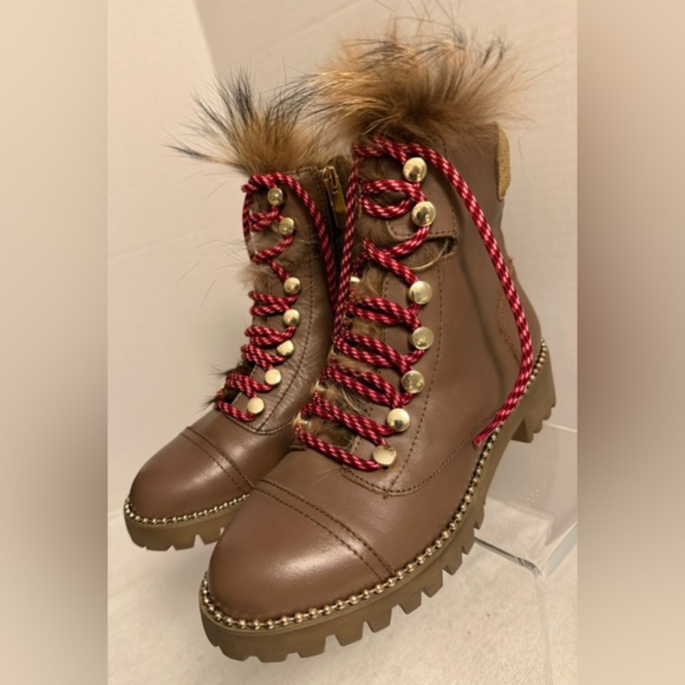 Cecelia New York Trekker Mustang Fur Lace-Up Combat Booties – Size 7